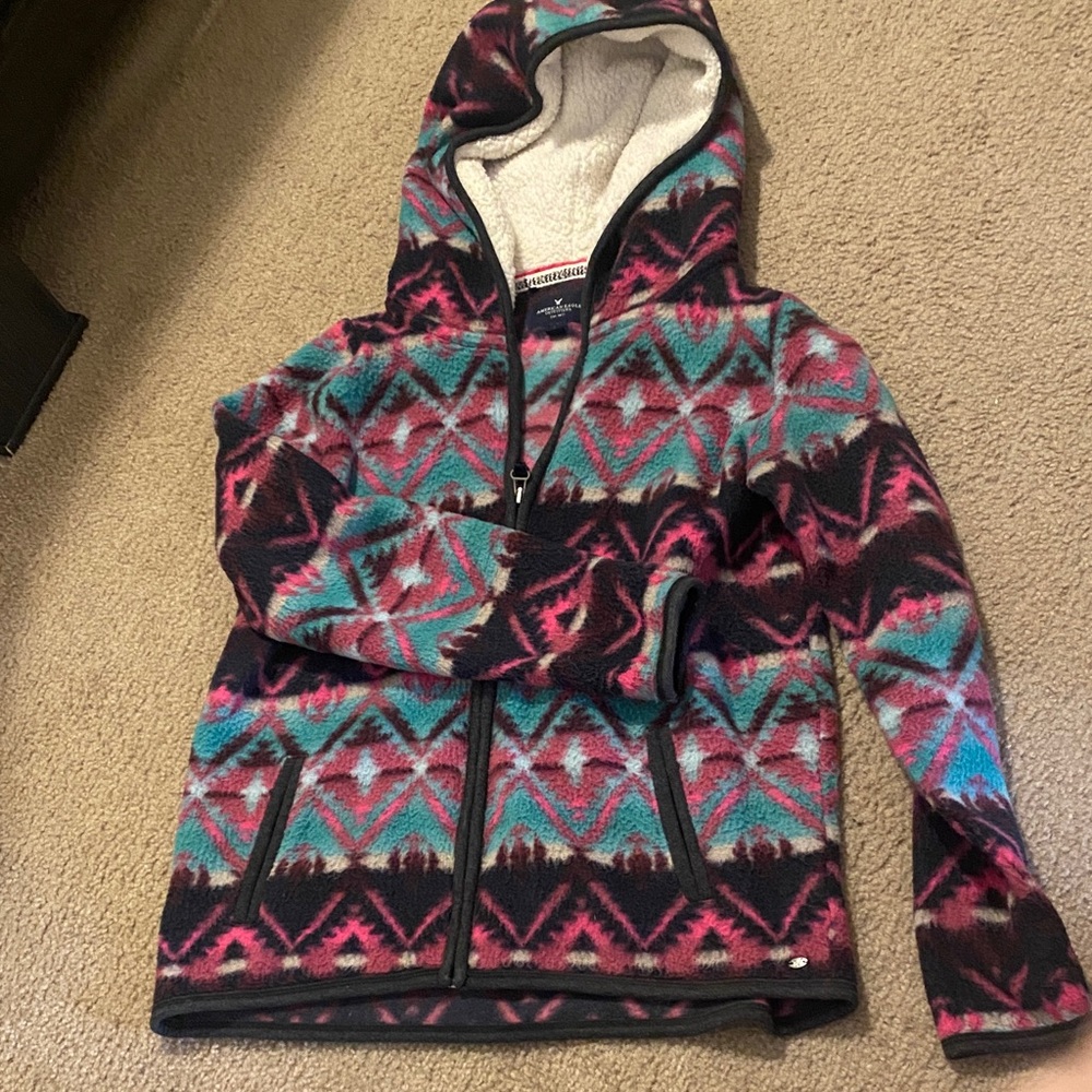 American Eagle Outfitters Pink and Blue Patterned Puffer Jacket